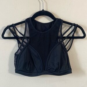 New Black Two Piece Crop Bra Top & Leggings Athletic Workout Set Sheer X Large